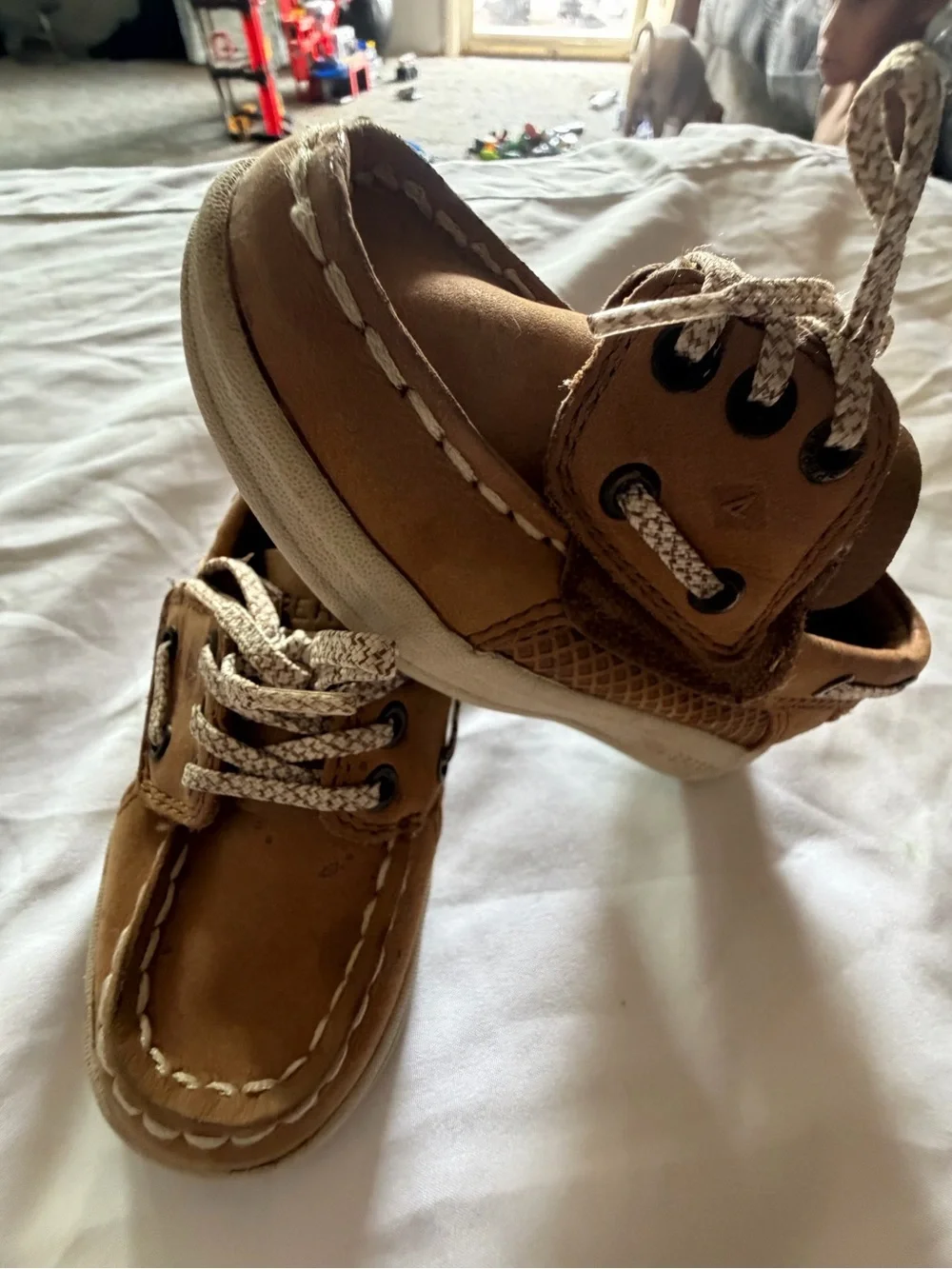 Sperry Boys' Tan Moccasin Boat Shoes with Patterned Laces